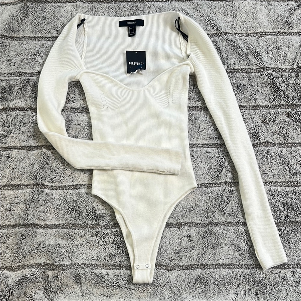 Forever 21 Cream Ribbed Cut Out Bodysuit